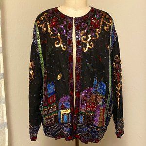 Vintage 1980’s Sequin Jacket With city / village scene size M Together! Label